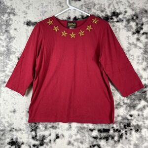 Bob Mackie Shirt Womens Size‎ Medium Red Star Neckline Long Sleeve Cotton